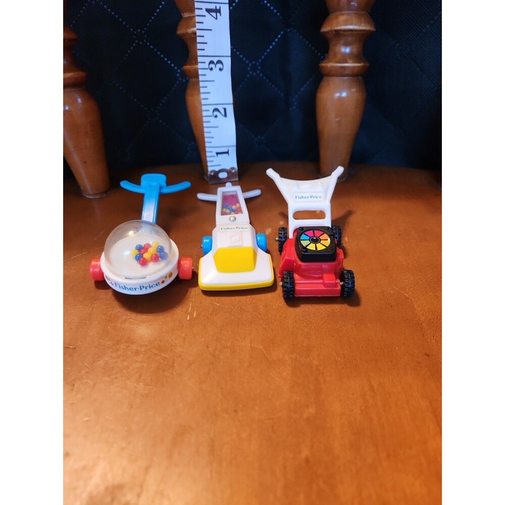 Fisher Price Mini Accessories, Lawn Mower, Upright Vacuum, Push Toy-Vintage- HTF